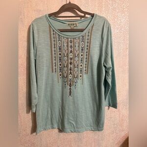 Rockin C  Women's Aqua Beaded Long Sleeve Top, Boho, Western Distressed Collar